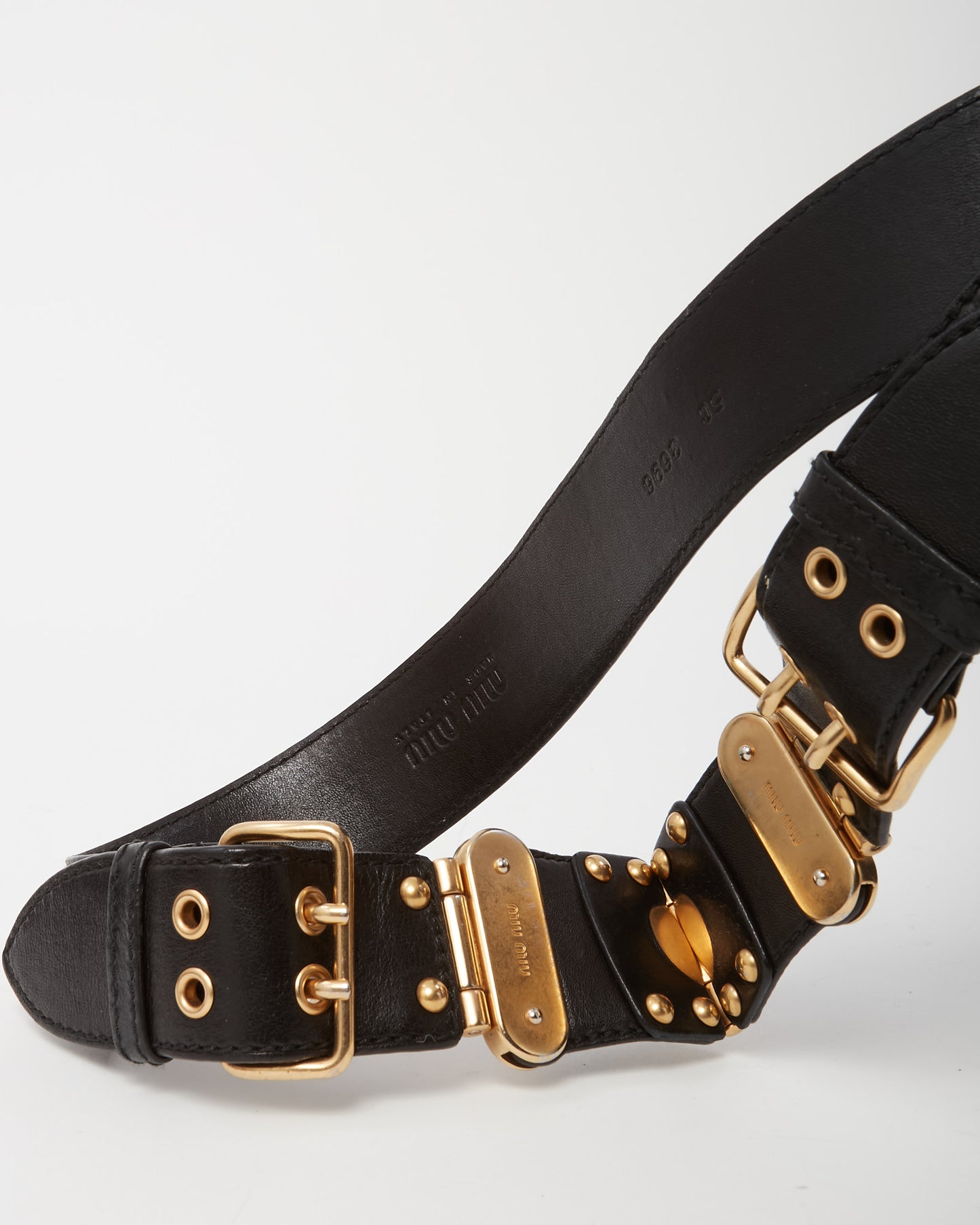 Miu Miu Black Leather with Gold Hardware Studded Belt - 90/36
