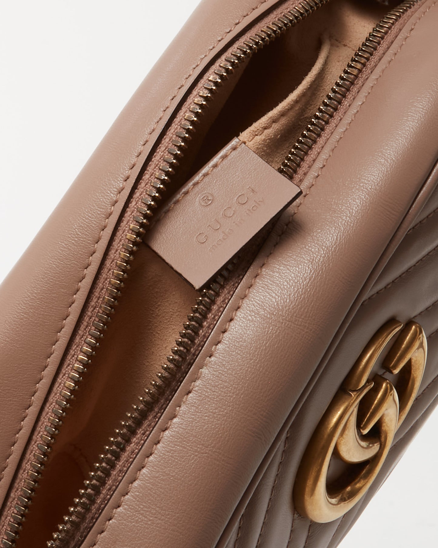 Gucci Beige (Dusty Pink) Matelassé Chevron Leather GG Marmont Small Camera Bag