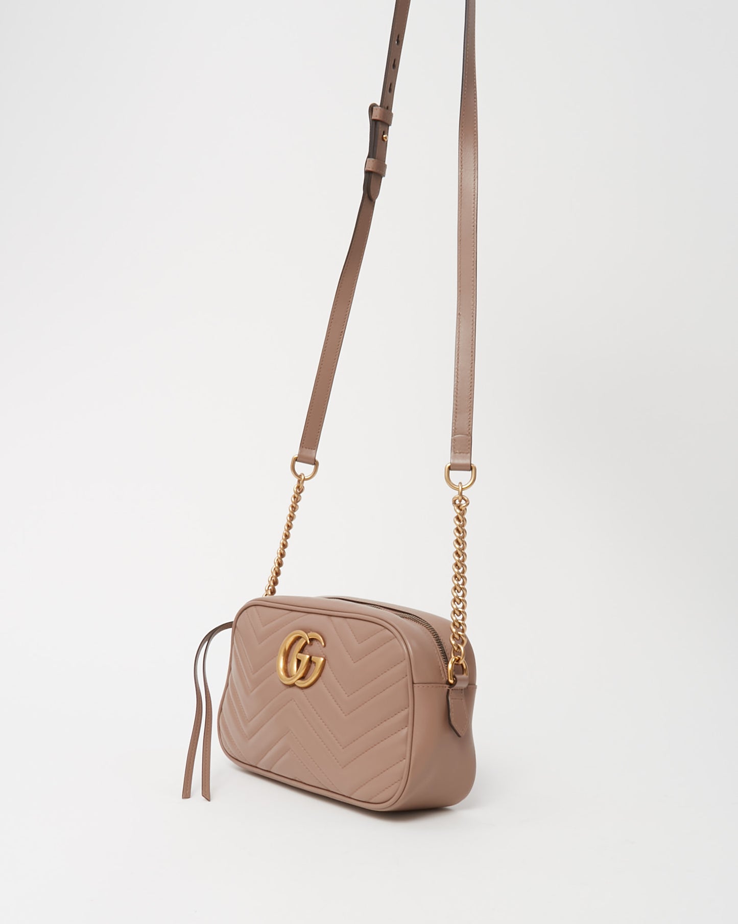 Gucci Beige (Dusty Pink) Matelassé Chevron Leather GG Marmont Small Camera Bag