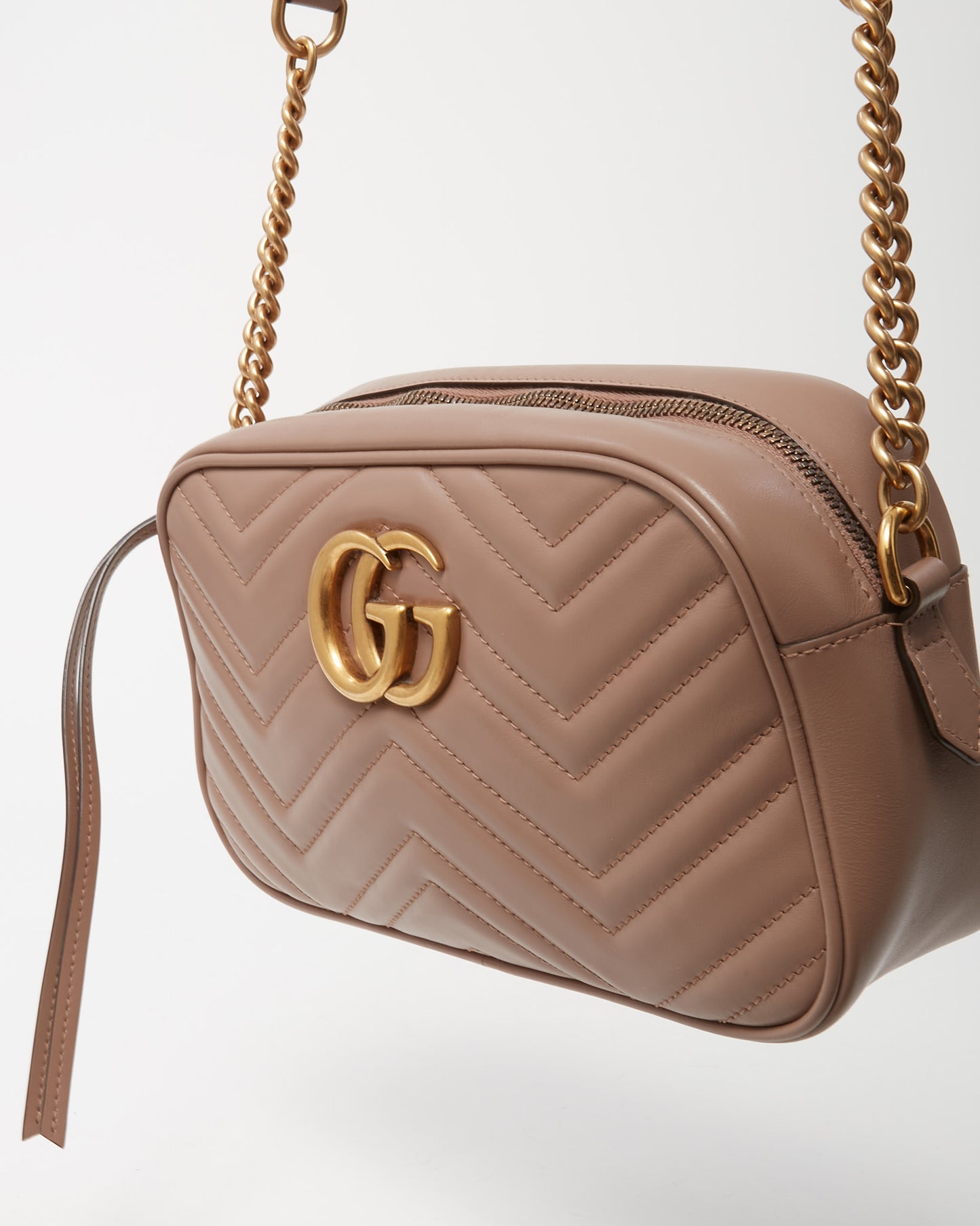 Gucci Beige (Dusty Pink) Matelassé Chevron Leather GG Marmont Small Camera Bag