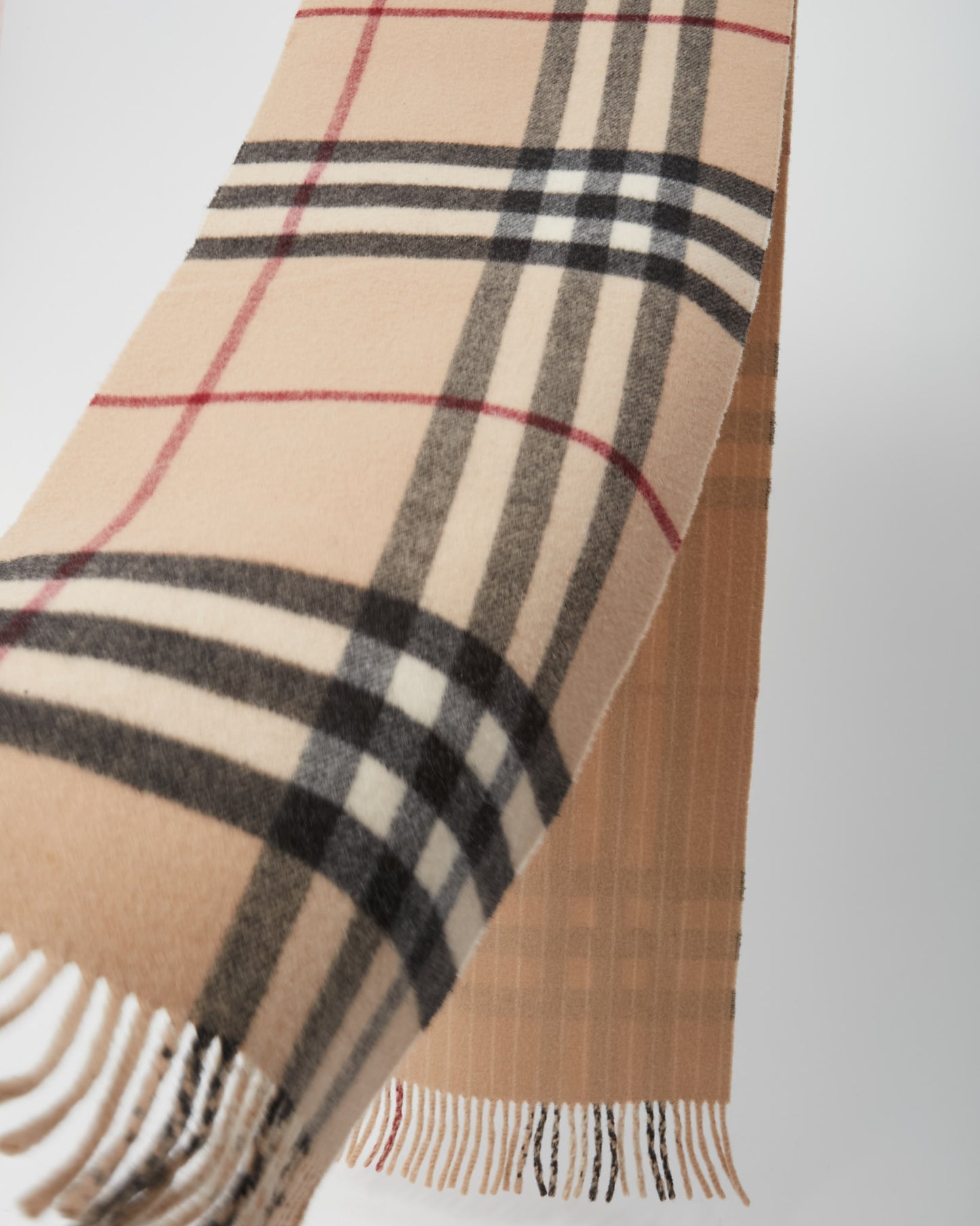 Burberry Classic Check and Beige Stripe Reversible Cashmere Wool Fringe Scarf