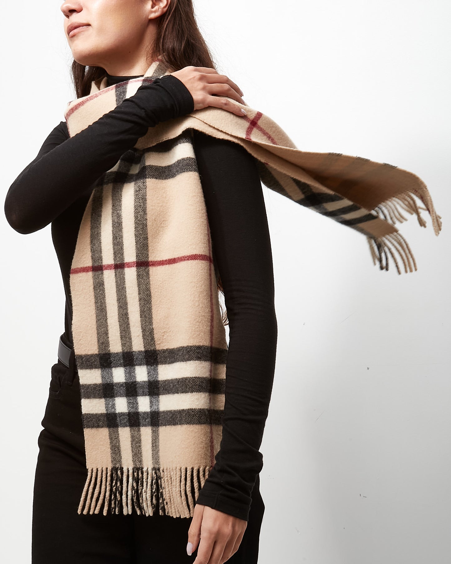 Burberry Classic Check and Beige Stripe Reversible Cashmere Wool Fringe Scarf