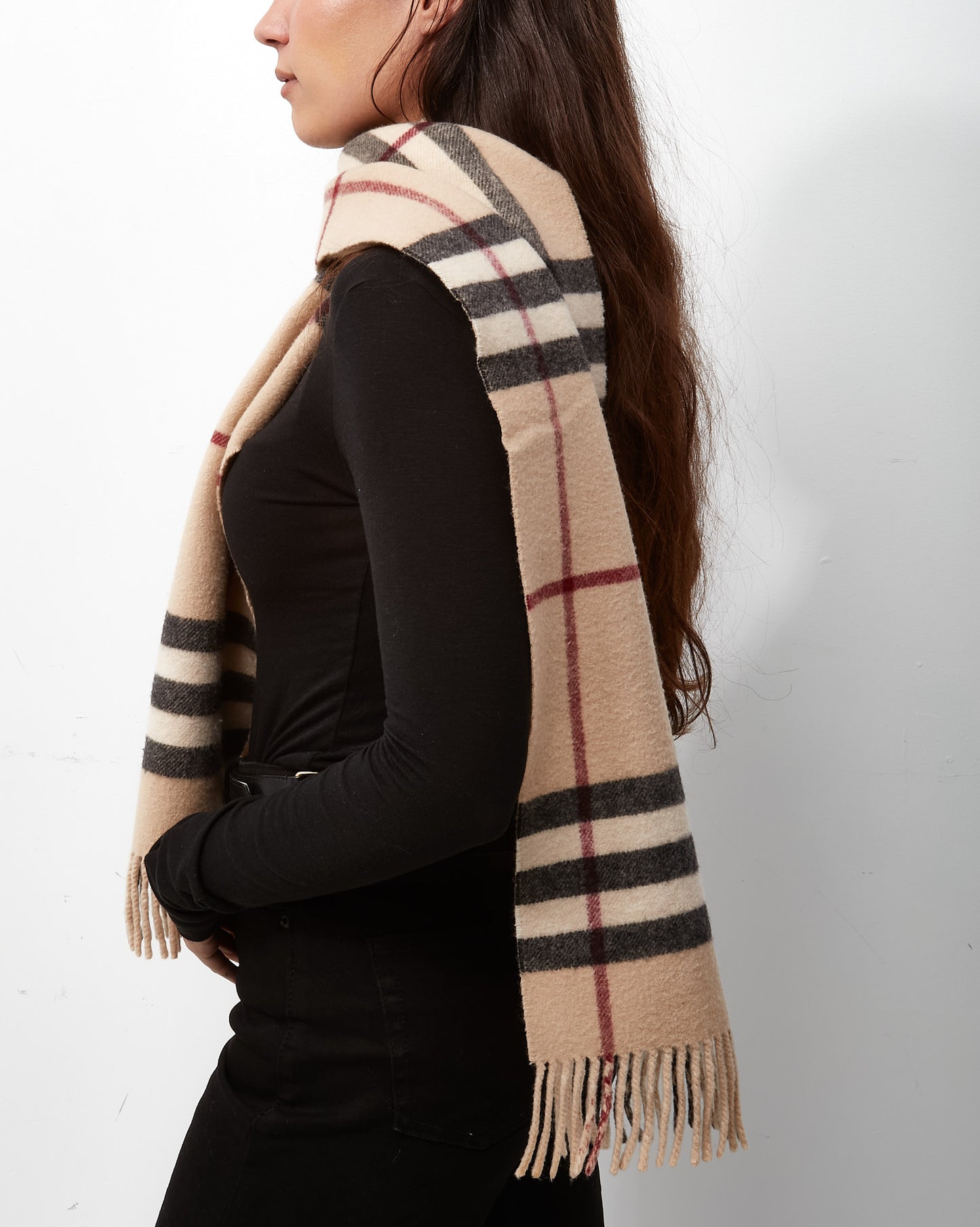 Burberry Classic Check and Beige Stripe Reversible Cashmere Wool Fringe Scarf