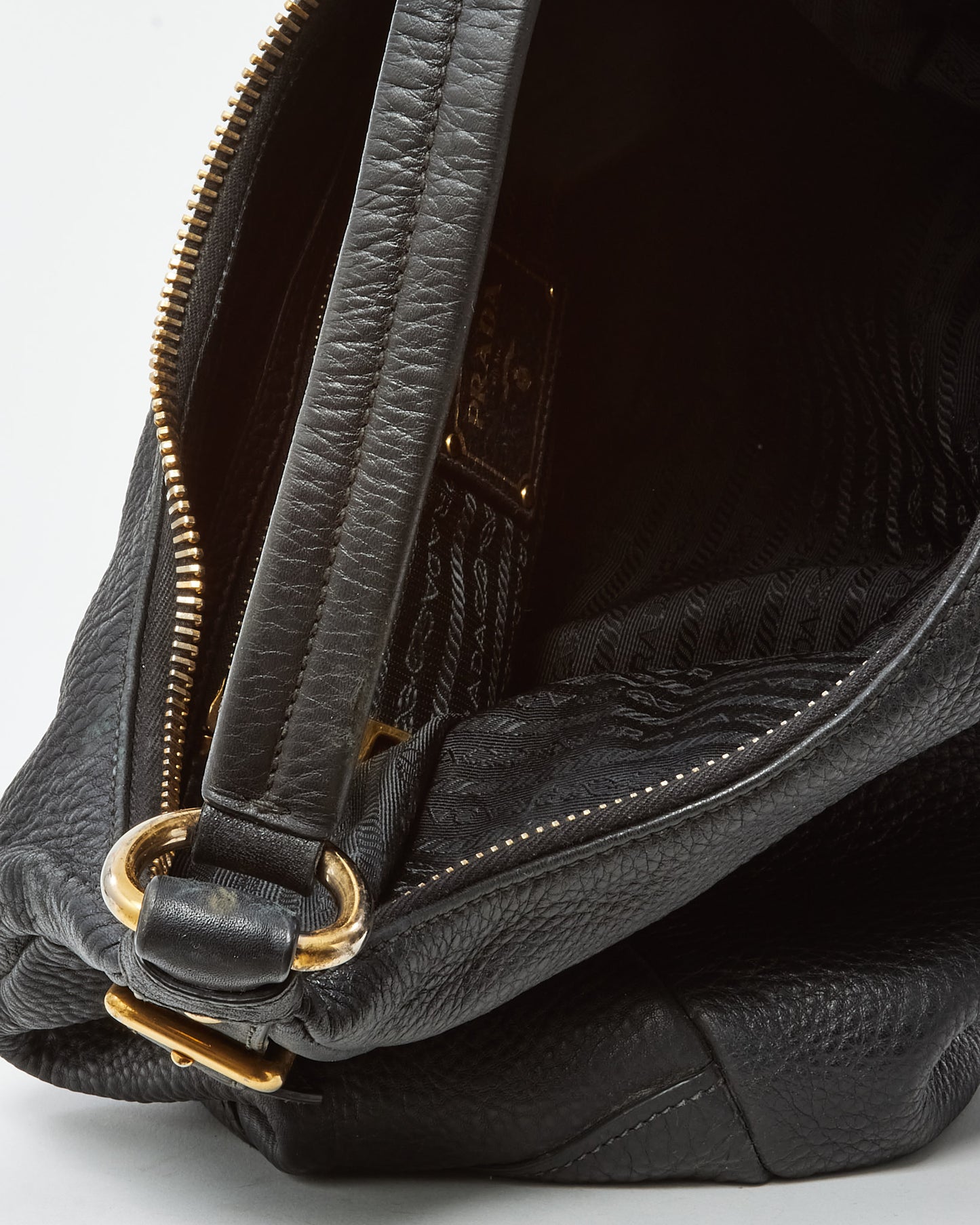 Prada Black Daino Leather Buckle Hobo Shoulder Bag