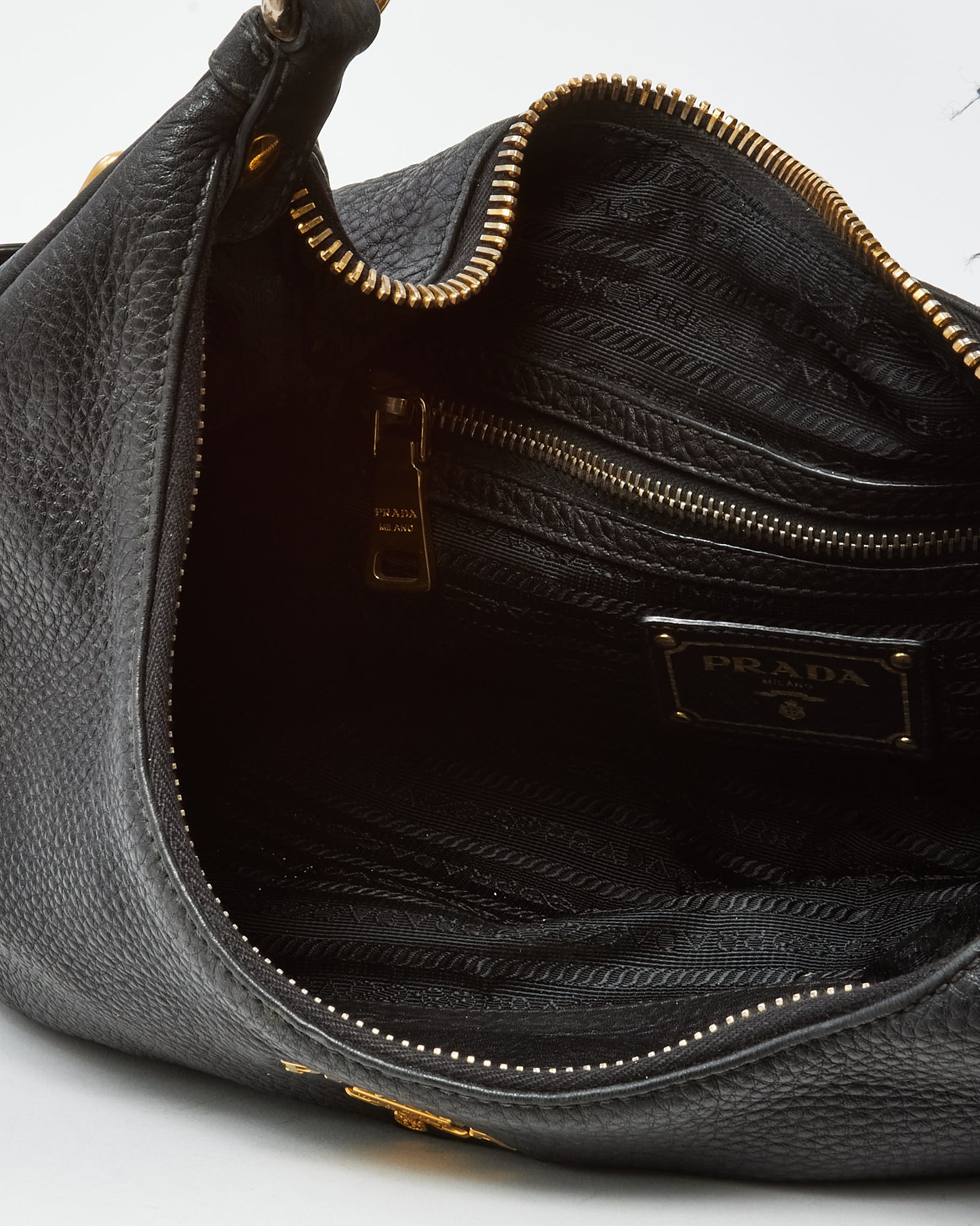 Prada Black Daino Leather Buckle Hobo Shoulder Bag