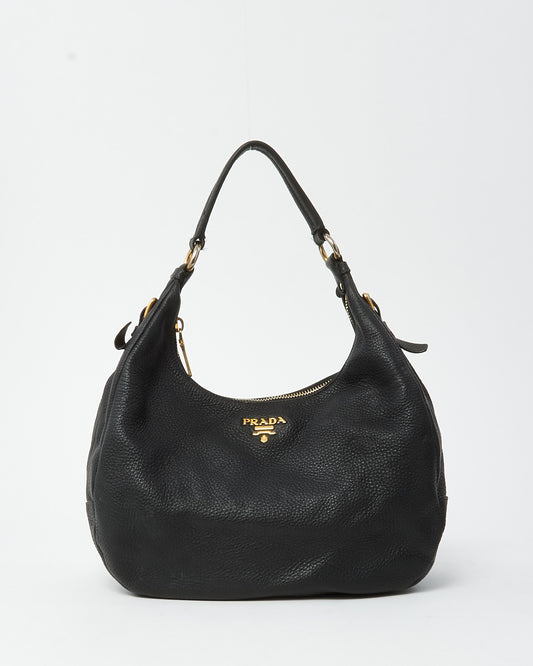 Prada Black Daino Leather Buckle Hobo Shoulder Bag