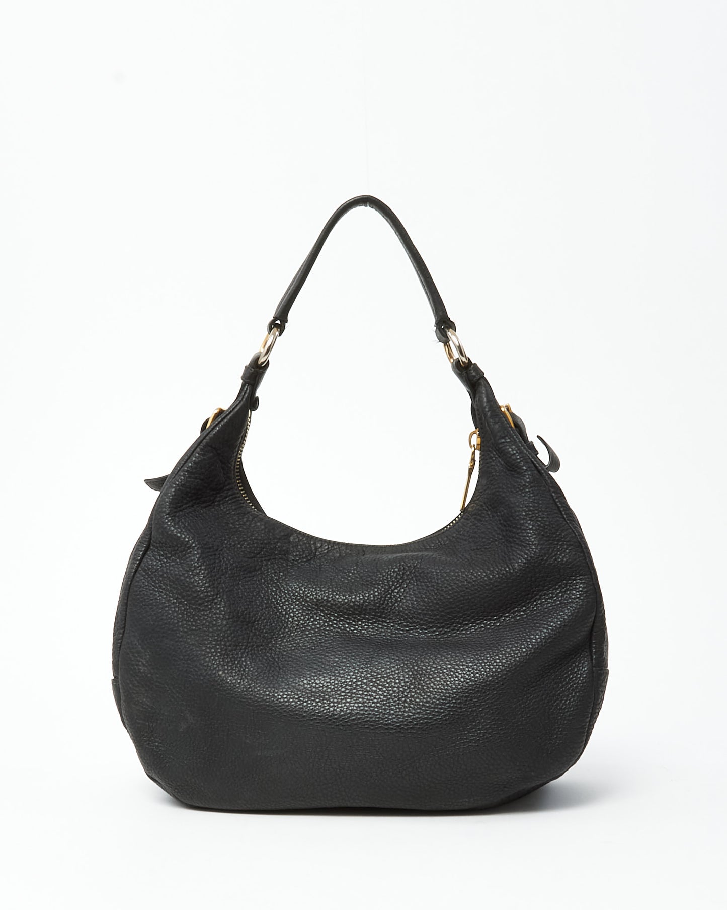 Prada Black Daino Leather Buckle Hobo Shoulder Bag