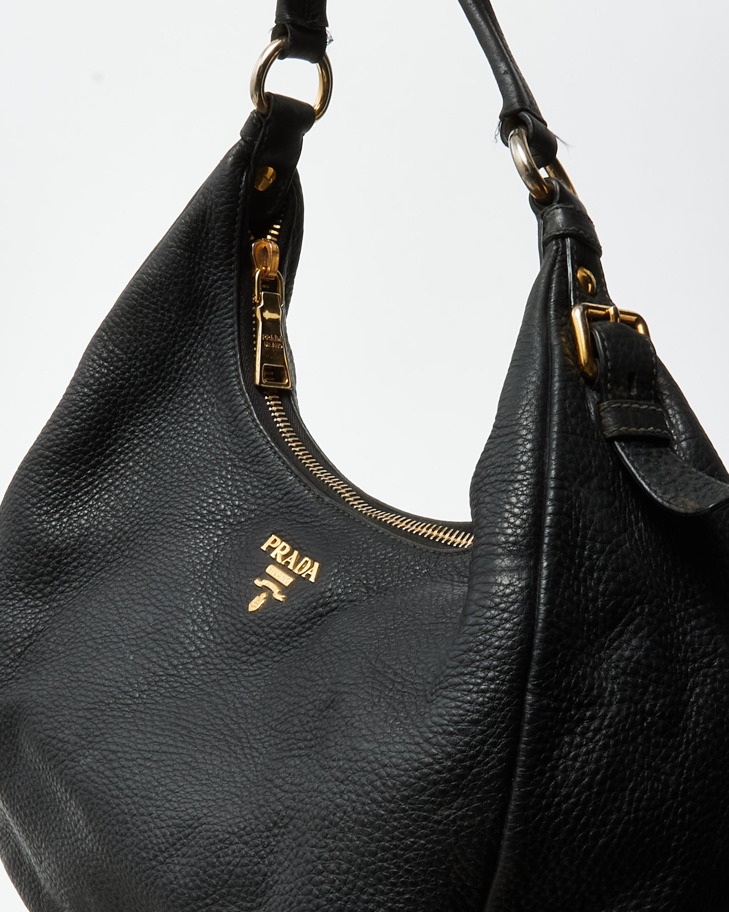 Prada Black Daino Leather Buckle Hobo Shoulder Bag