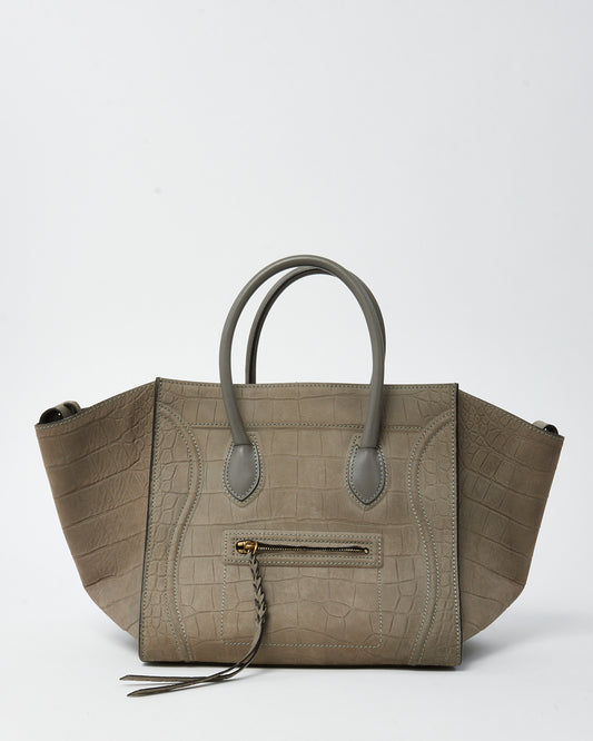 Celine Grey Croc Embossed Stamped Nubuck Suede Phantom Luggage Tote Bag