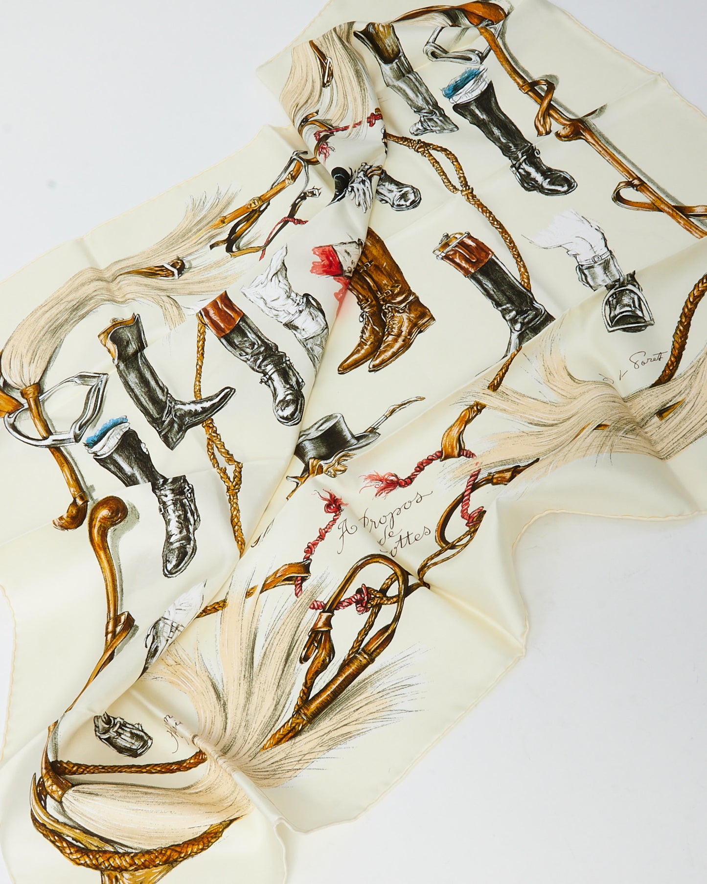 Hermès Beige/Cream/Gold/Brown Multi "A Propos de Bottes" 90cm Silk Scarf