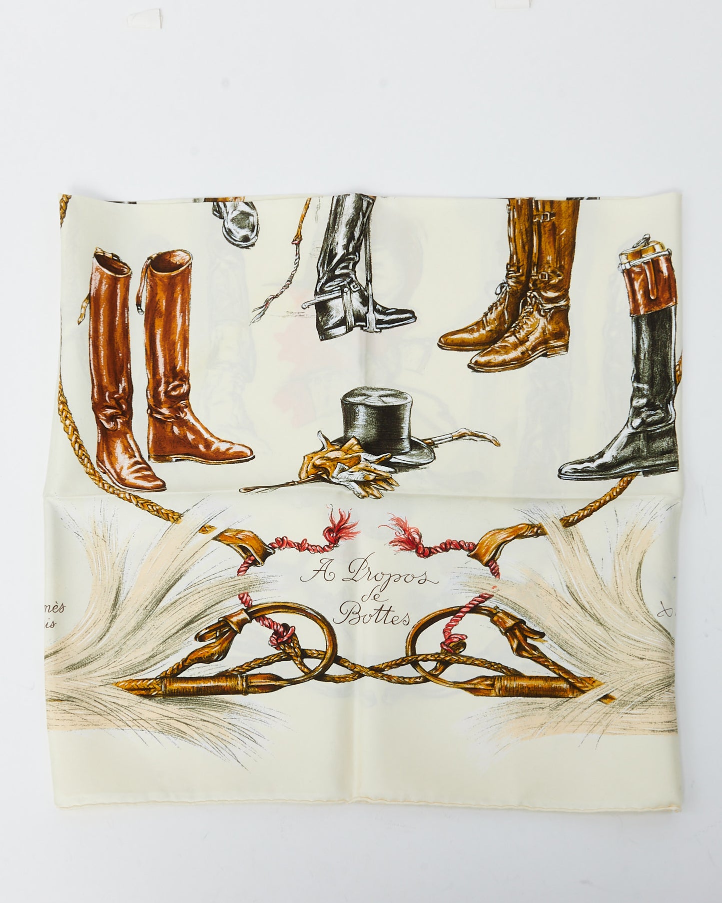 Hermès Beige/Cream/Gold/Brown Multi "A Propos de Bottes" 90cm Silk Scarf