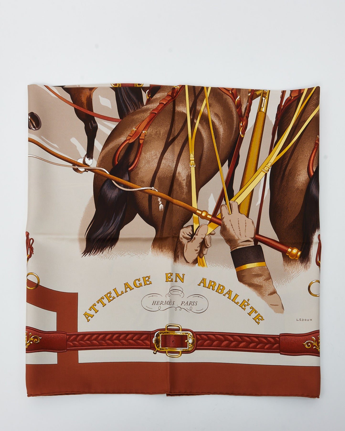 Hermès Brown/Gold/White Multi "Attelage en Arbalete" 90cm Silk Scarf