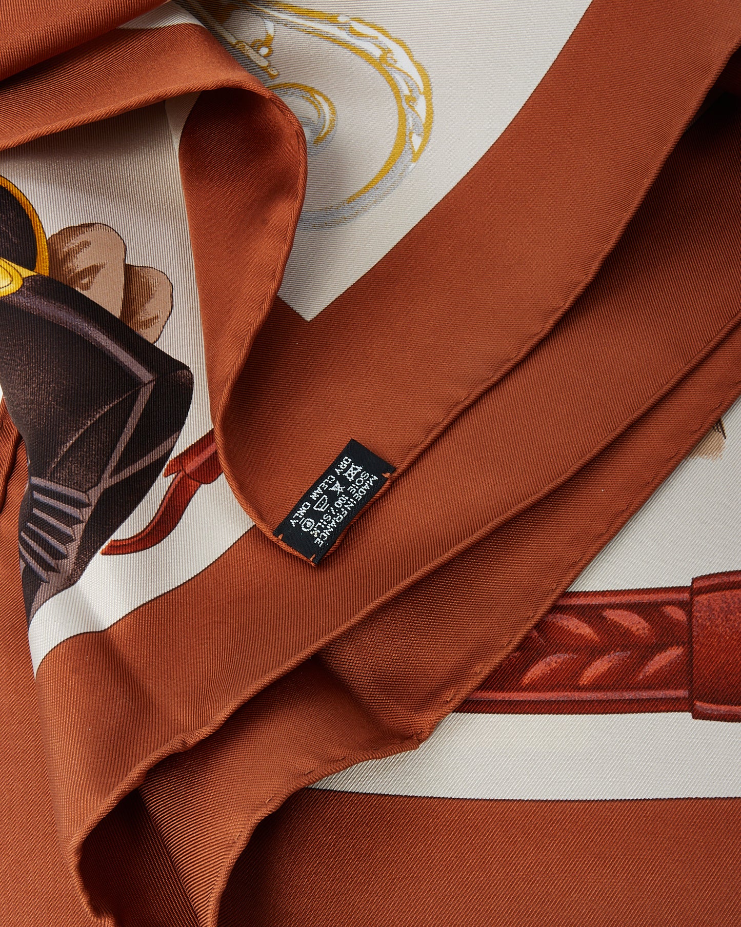 Hermès Brown/Gold/White Multi "Attelage en Arbalete" 90cm Silk Scarf