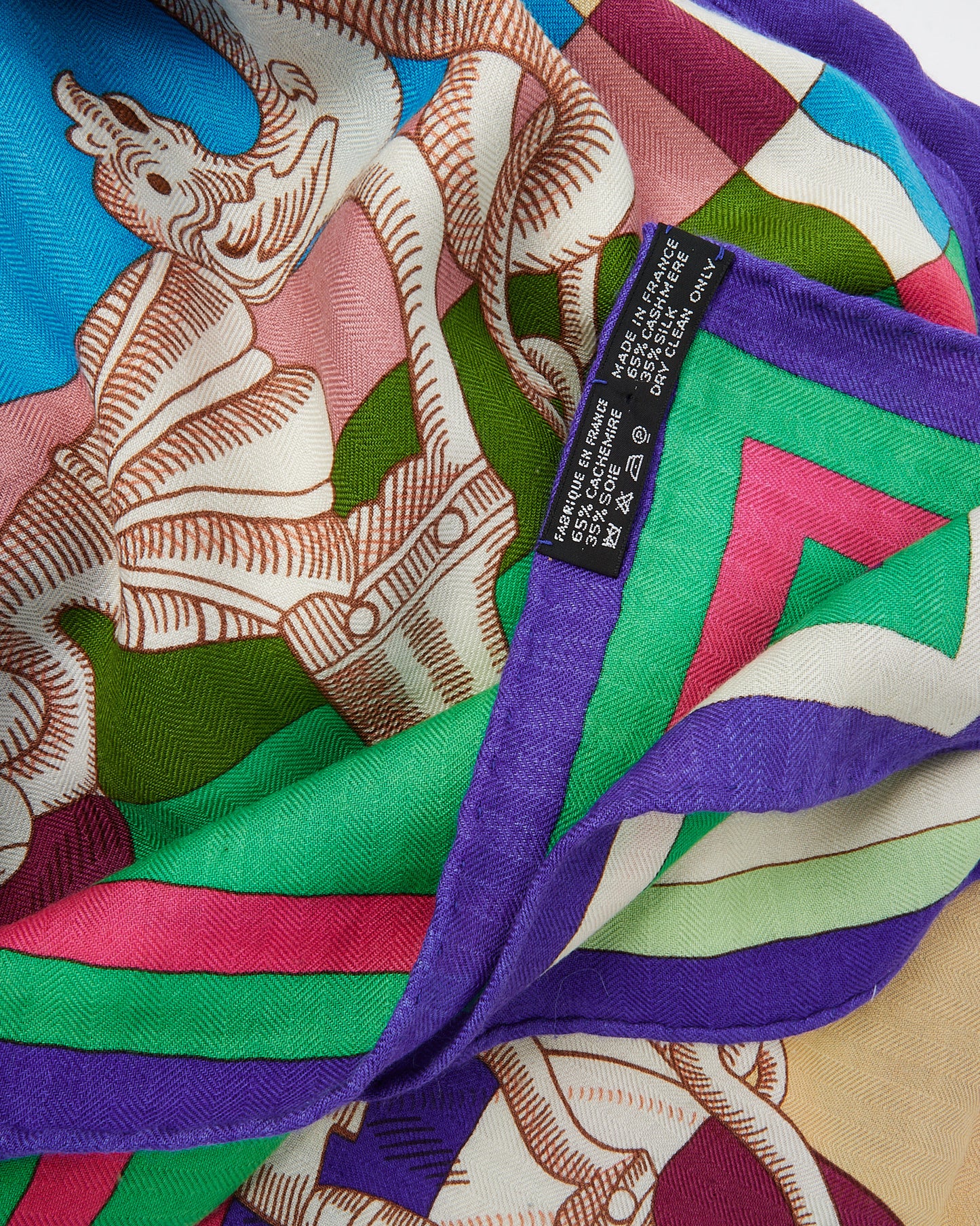 Hermès Purple/Green/Pink/Beige Multi "Della Cavalleria" Cashmere and Silk 140cm Shawl Scarf