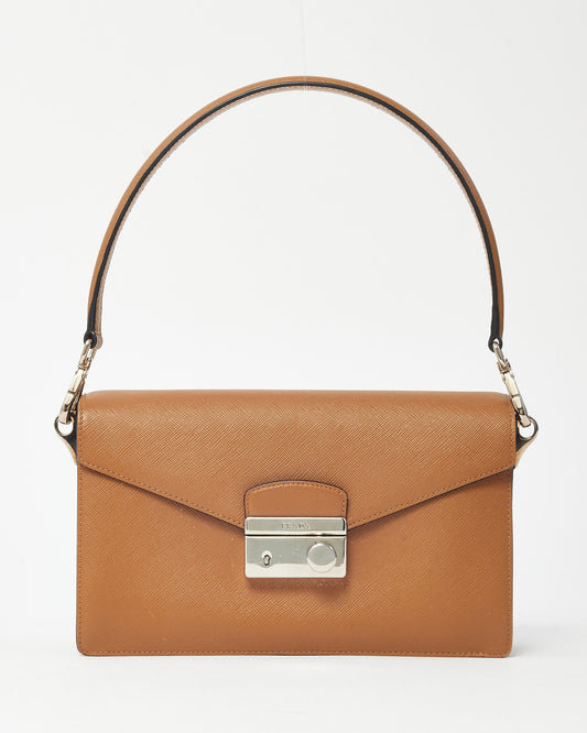 Prada Brown Caramel Saffiano Leather Push Lock Flap 2Way Shoulder Bag 1BD924
