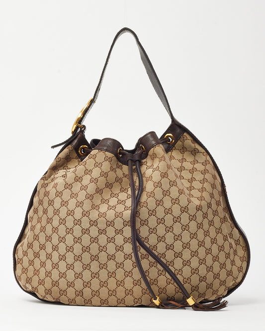 Gucci Beige and Brown GG Monogram Canvas Interlocking G Icon Medium Drawstring Shoulder Bag