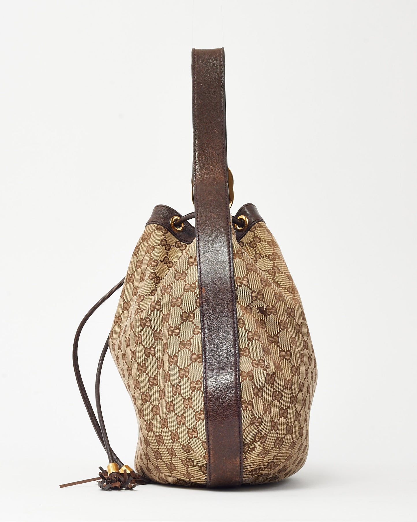 Gucci Beige and Brown GG Monogram Canvas Interlocking G Icon Medium Drawstring Shoulder Bag