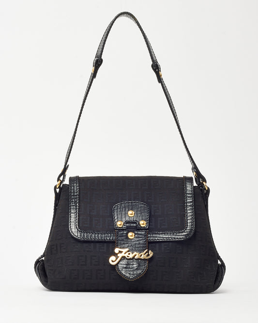 Fendi Black FF Zucchino Canvas GHW Fendi Logo Shoulder Bag