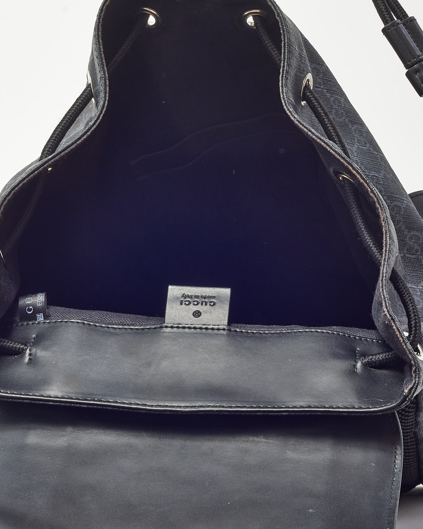 Gucci Black Soft Calfskin and Monogram GG Supreme Canvas Web Double Buckle Backpack