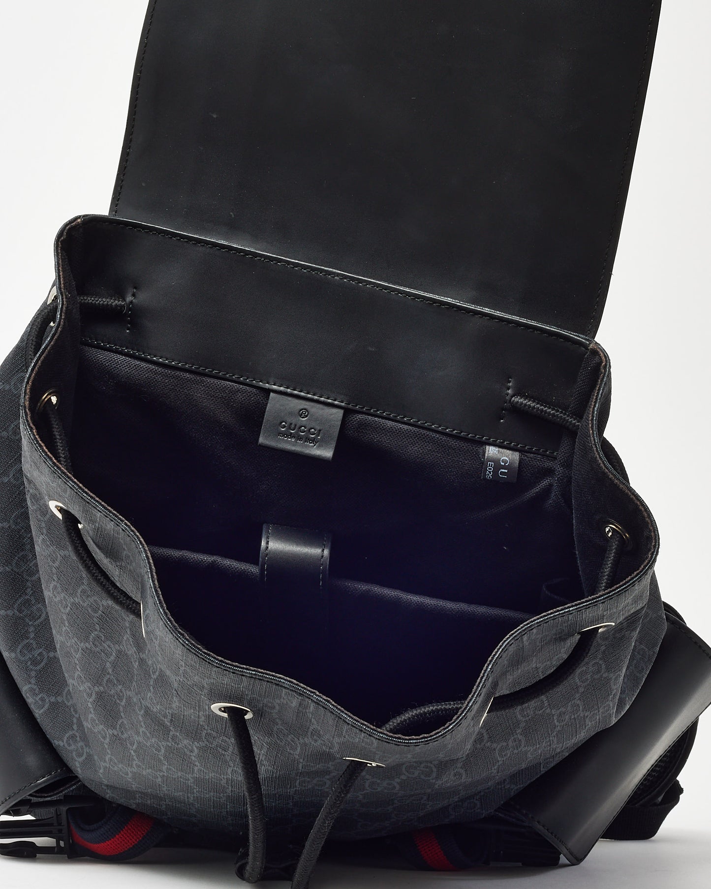 Gucci Black Soft Calfskin and Monogram GG Supreme Canvas Web Double Buckle Backpack