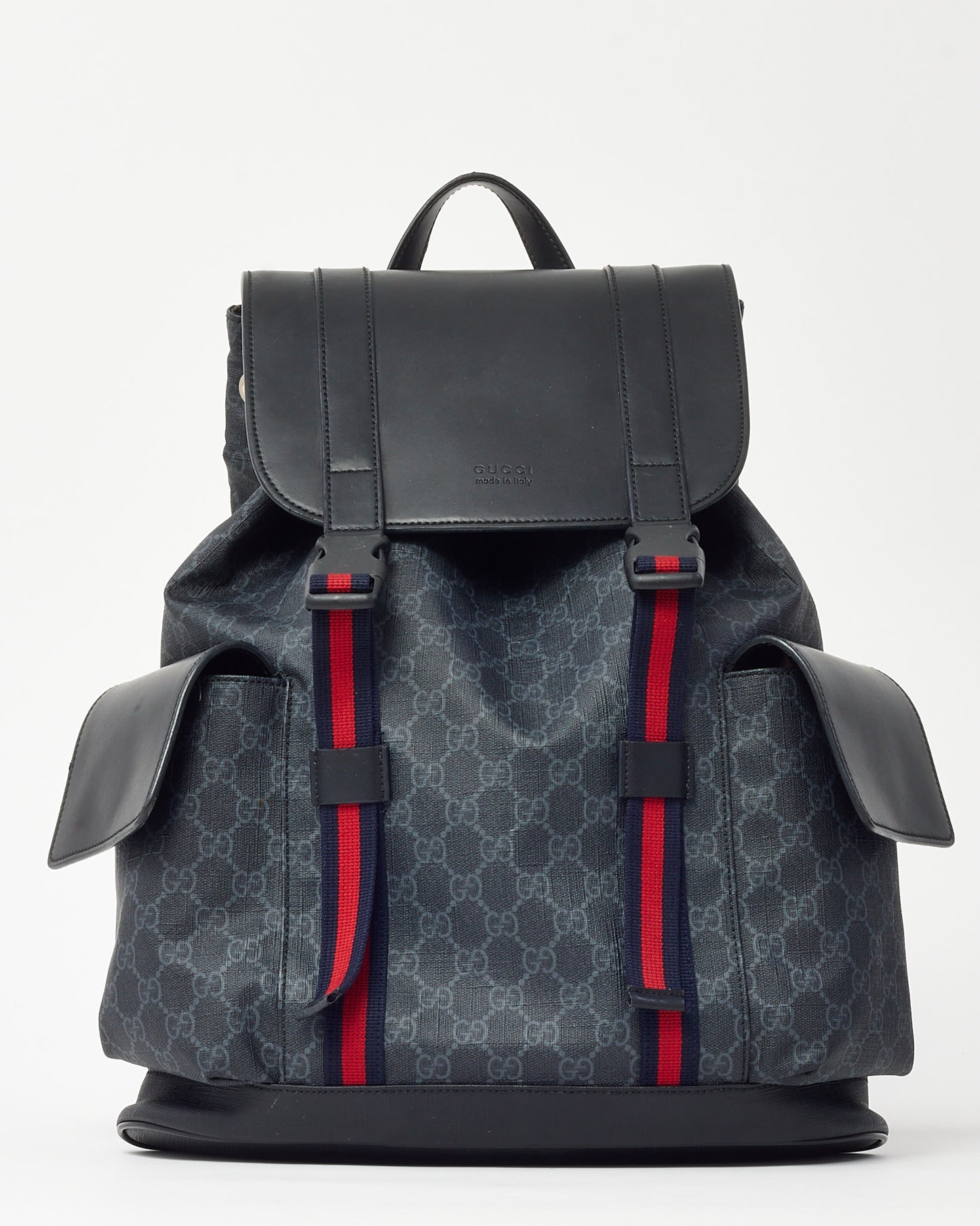 Gucci Black Soft Calfskin and Monogram GG Supreme Canvas Web Double Buckle Backpack