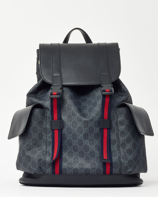 Gucci Black Soft Calfskin and Monogram GG Supreme Canvas Web Double Buckle Backpack