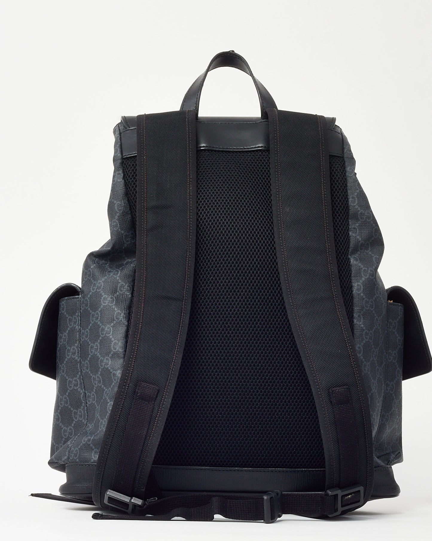 Gucci Black Soft Calfskin and Monogram GG Supreme Canvas Web Double Buckle Backpack