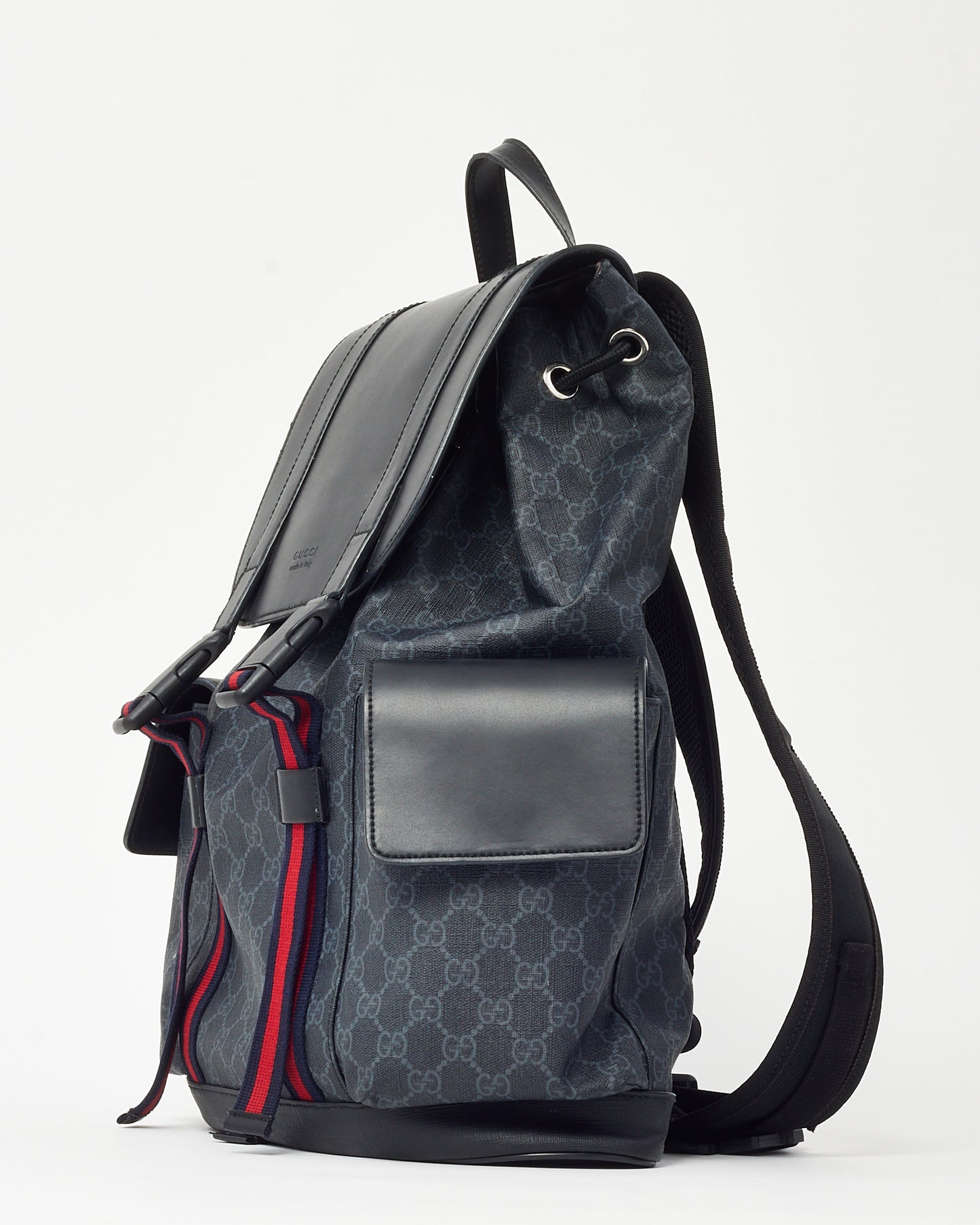 Gucci Black Soft Calfskin and Monogram GG Supreme Canvas Web Double Buckle Backpack