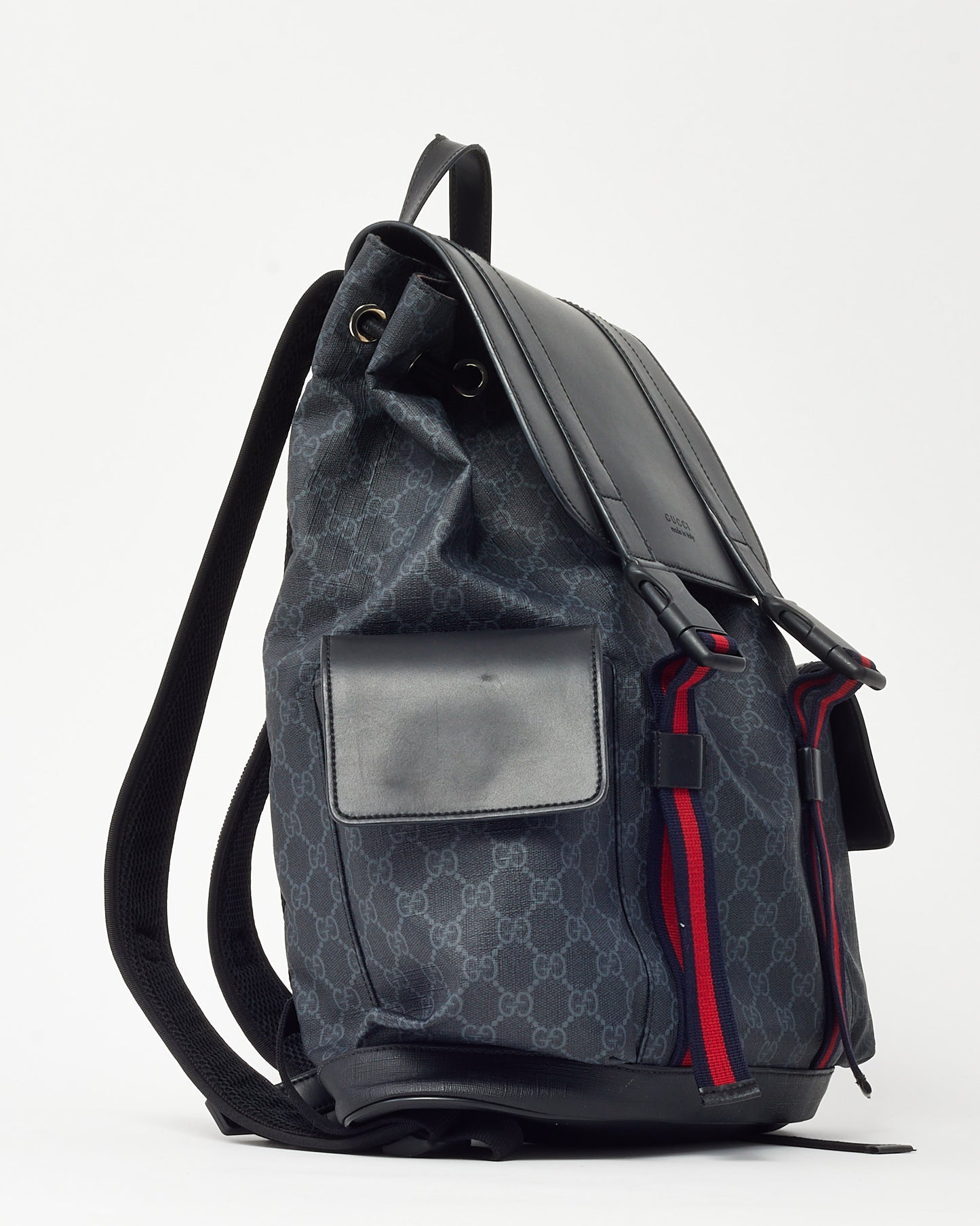 Gucci Black Soft Calfskin and Monogram GG Supreme Canvas Web Double Buckle Backpack