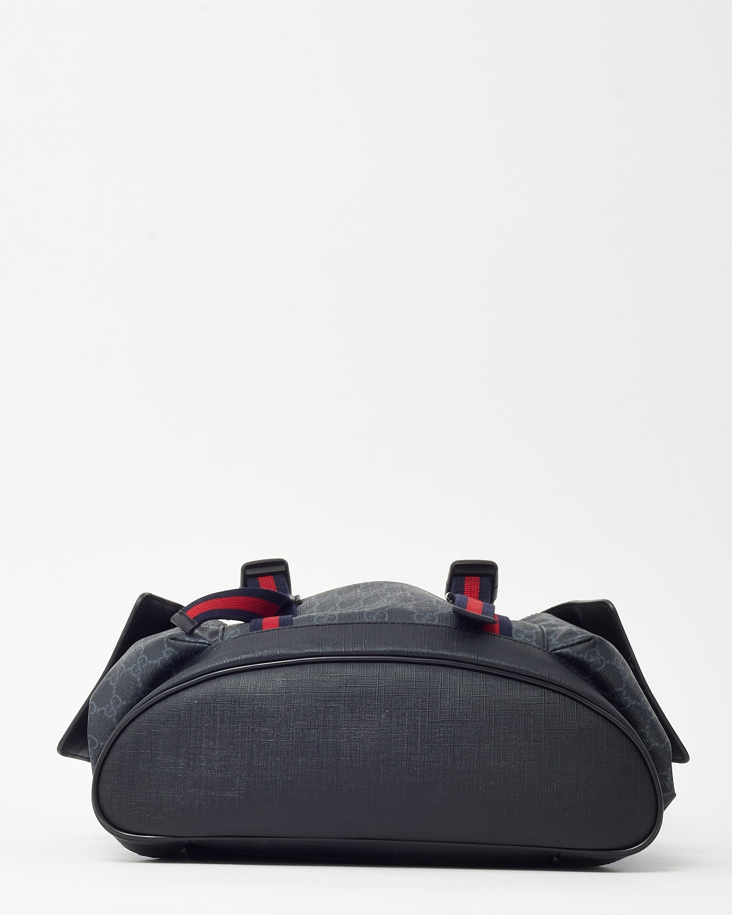 Gucci Black Soft Calfskin and Monogram GG Supreme Canvas Web Double Buckle Backpack