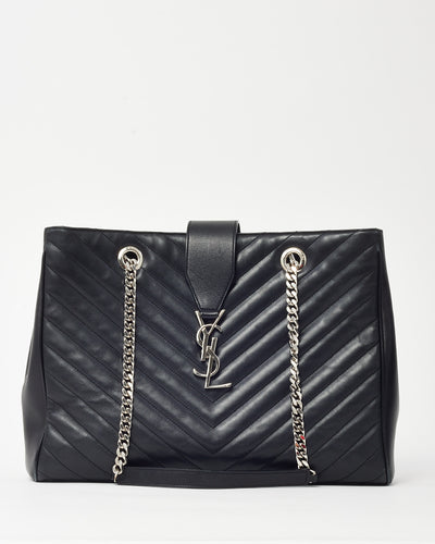 Saint Laurent Black Matelassé Chevron Leather Large YSL Shopping Tote Bag SHW