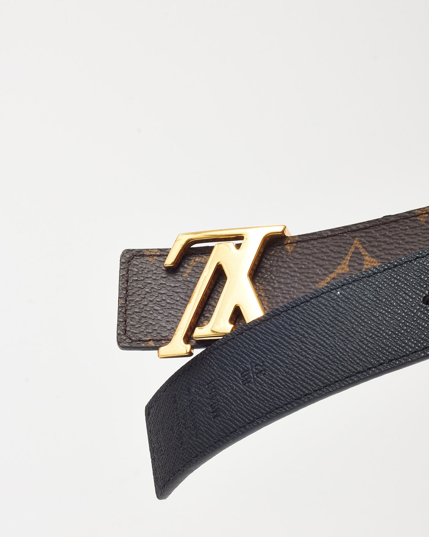 Louis Vuitton Black Grained Calf Leather and Monogram Canvas Reversible GHW LV Initiales 30MM Belt - 80