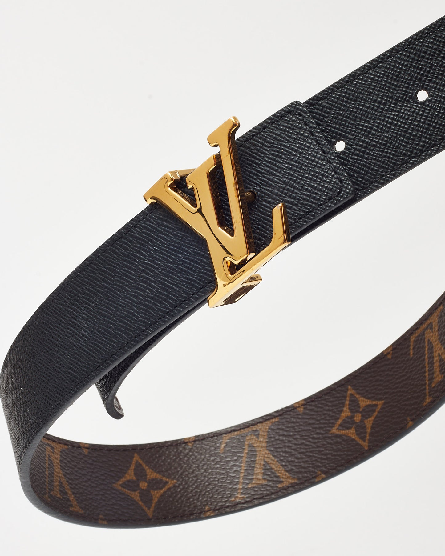 Louis Vuitton Black Grained Calf Leather and Monogram Canvas Reversible GHW LV Initiales 30MM Belt - 80
