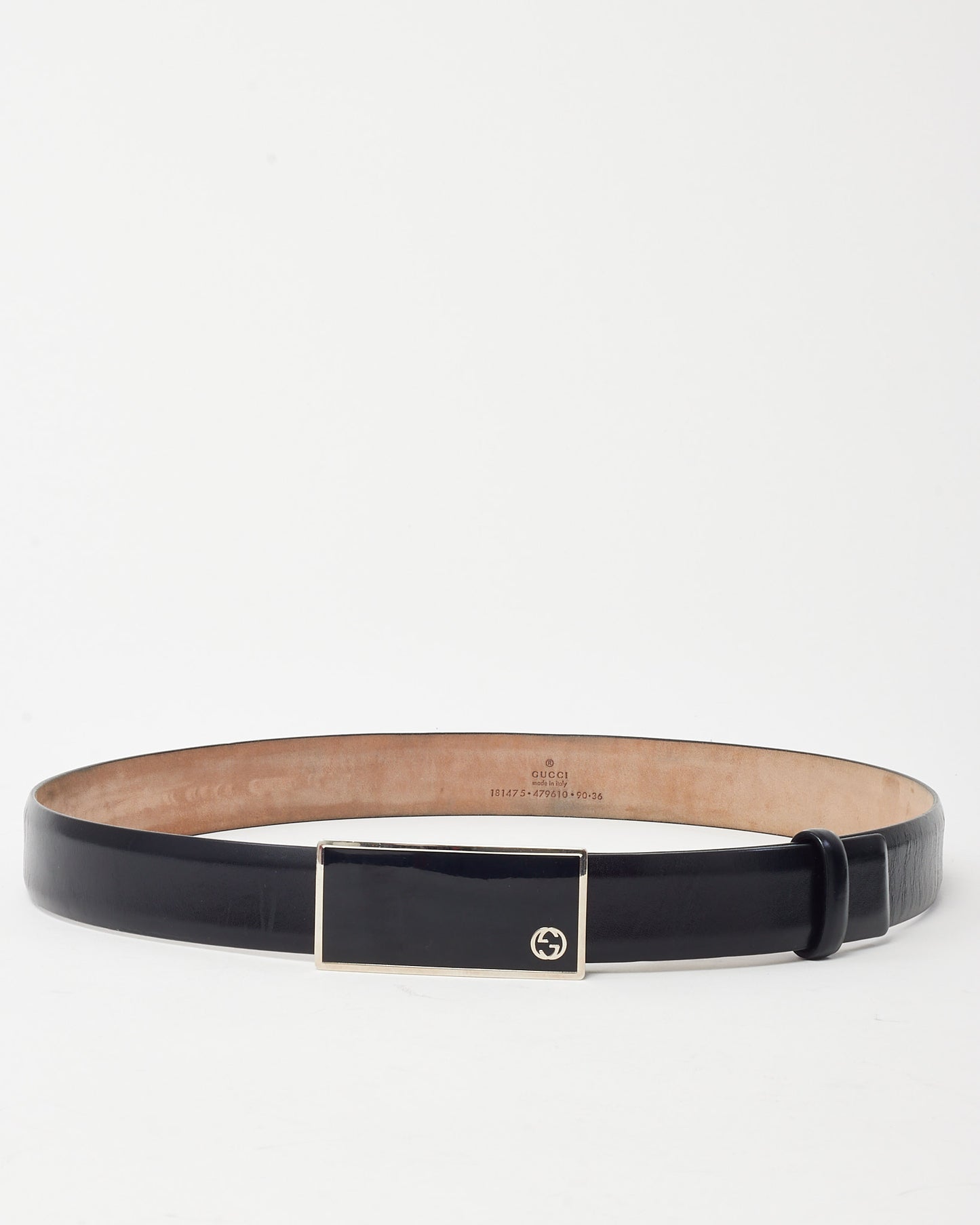 Gucci Black Leather Silver Interlocking GG Square Black Plate Buckle Belt - 90/36