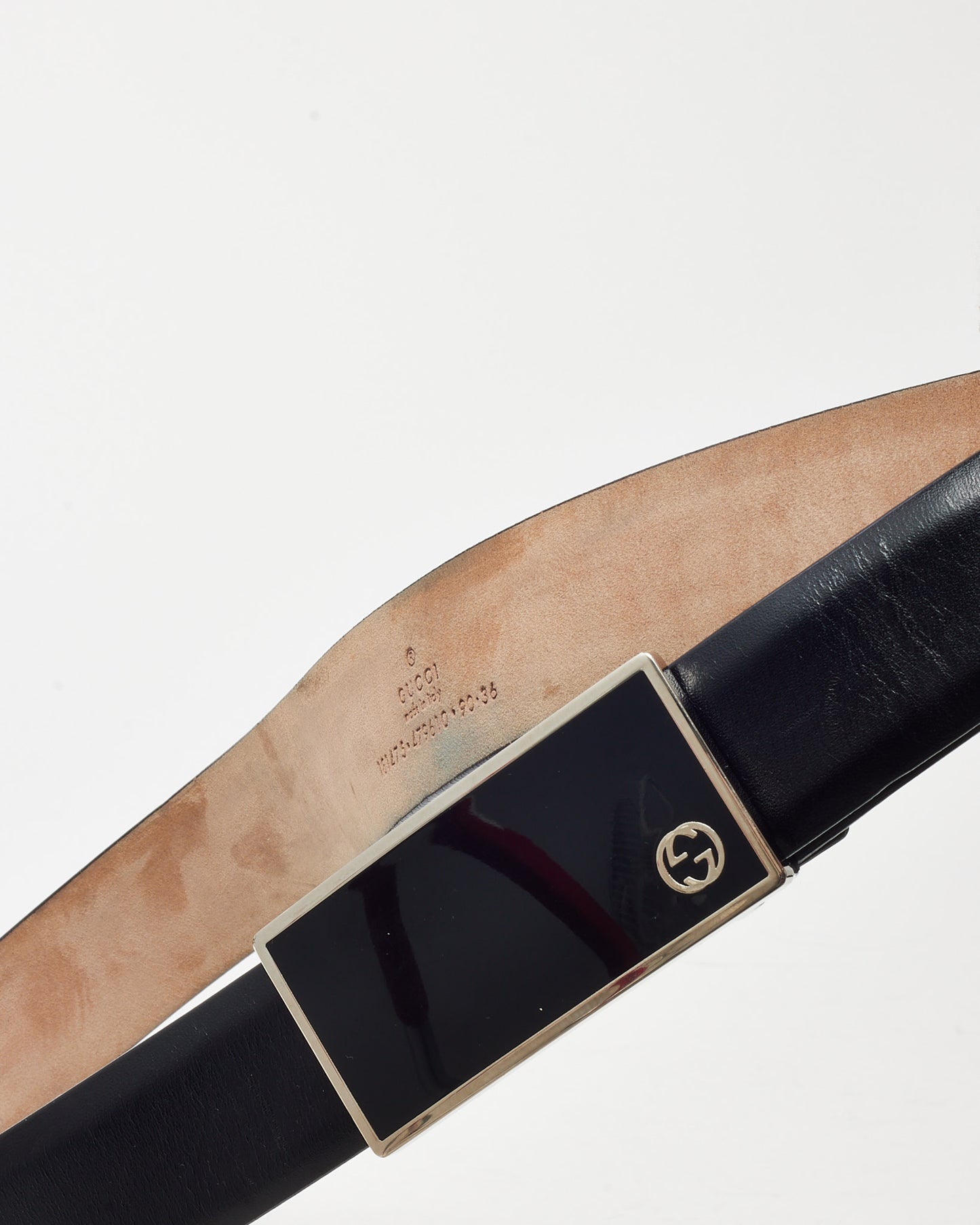 Gucci Black Leather Silver Interlocking GG Square Black Plate Buckle Belt - 90/36