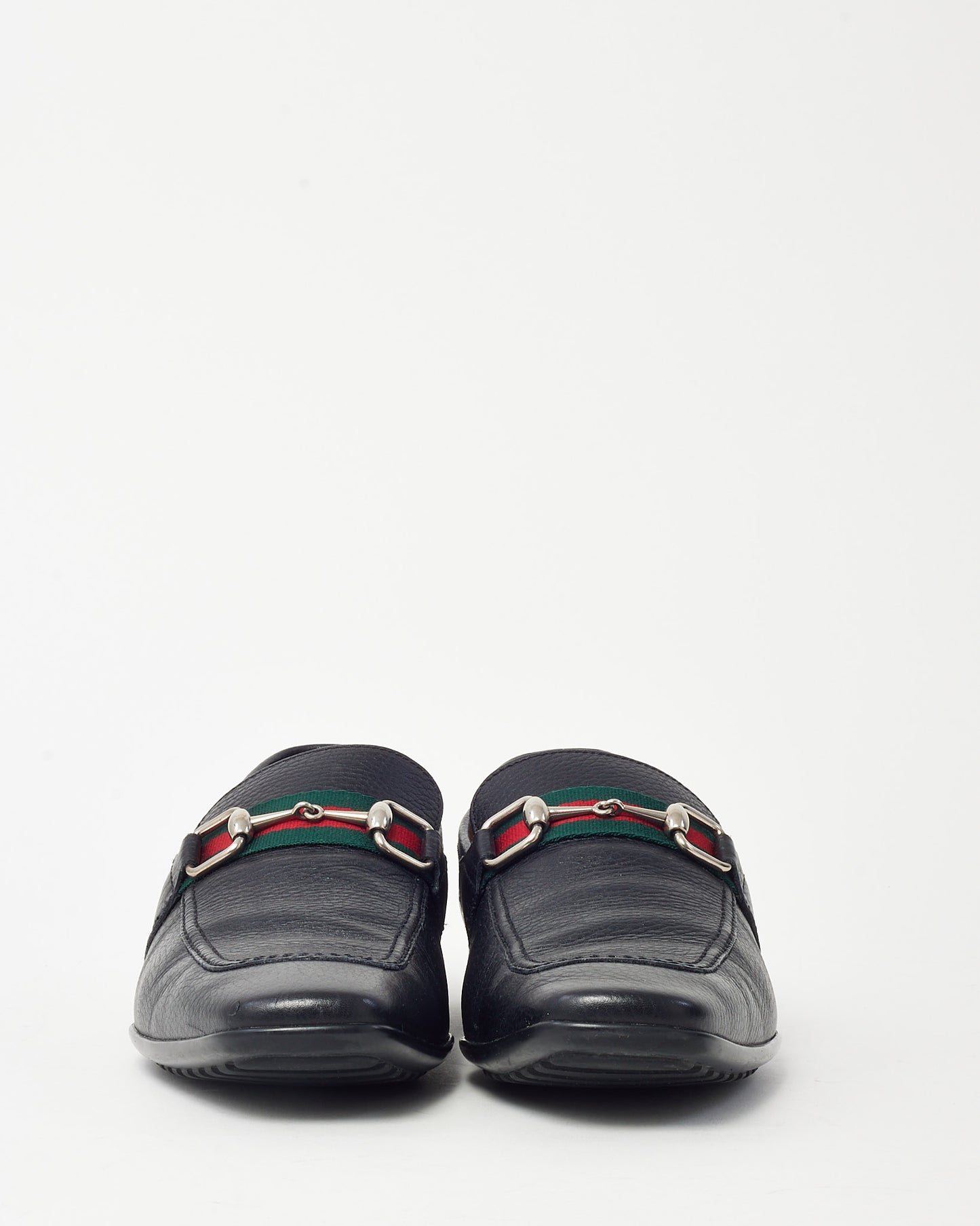 Gucci Men's Black Pebbled Leather Web Horsebit Square Toe Loafers - 10.5 MEN