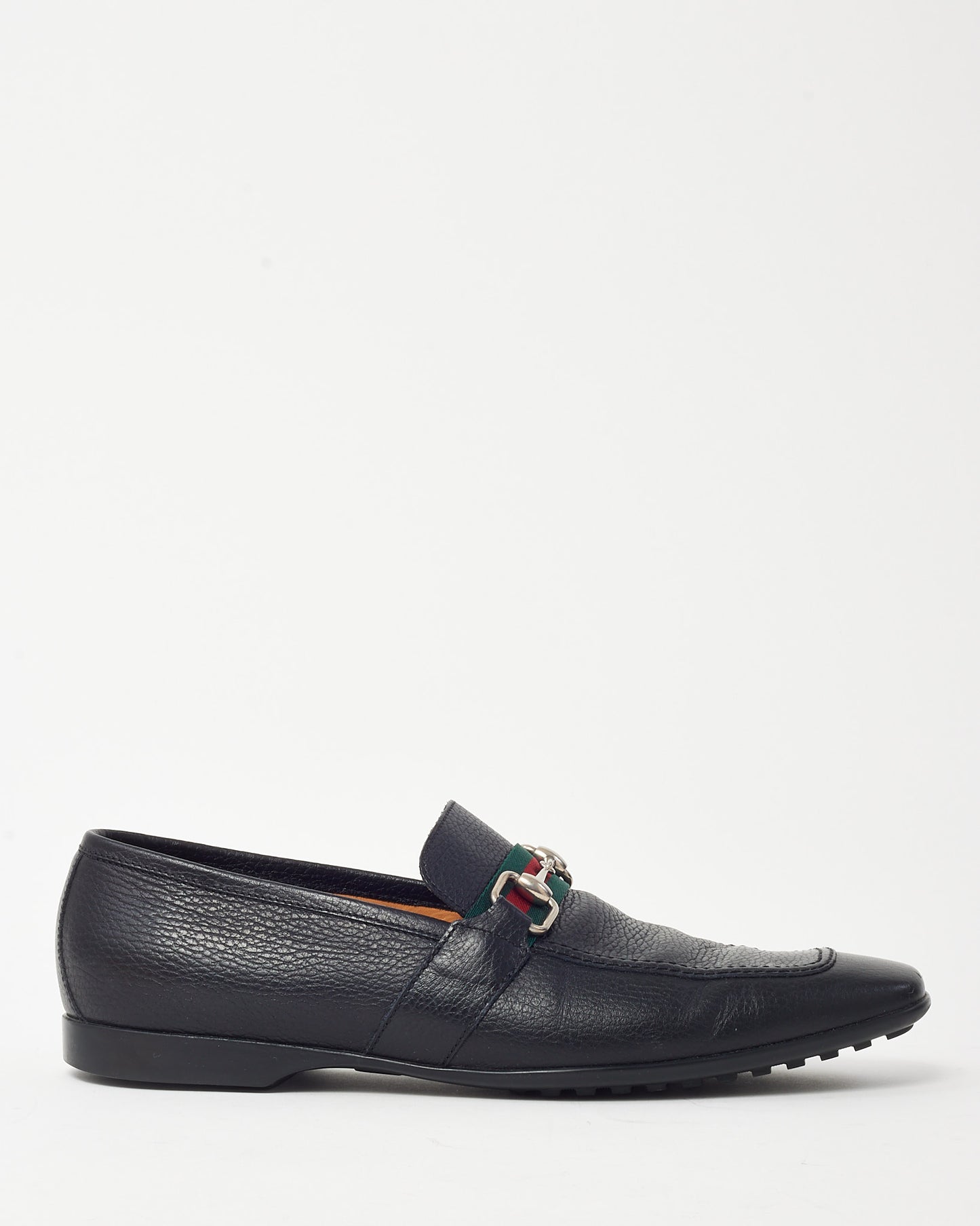 Gucci Men's Black Pebbled Leather Web Horsebit Square Toe Loafers - 10.5 MEN