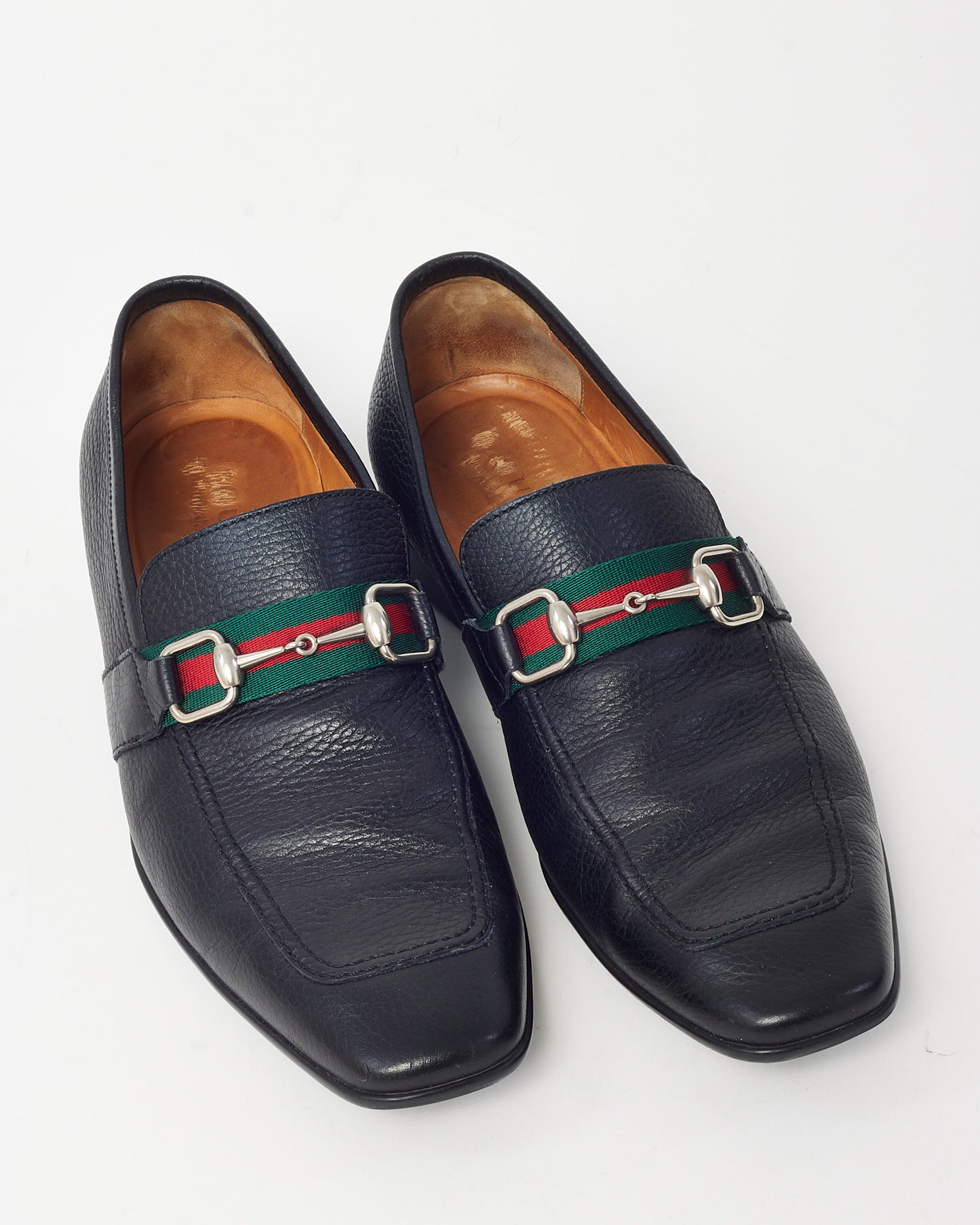 Gucci Men's Black Pebbled Leather Web Horsebit Square Toe Loafers - 10.5 MEN