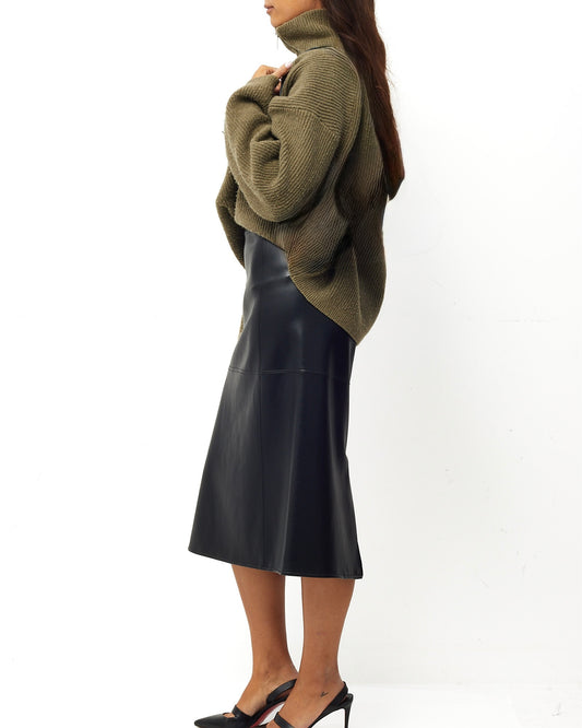 Max Mara S Label Black Leather Midi Skirt - M