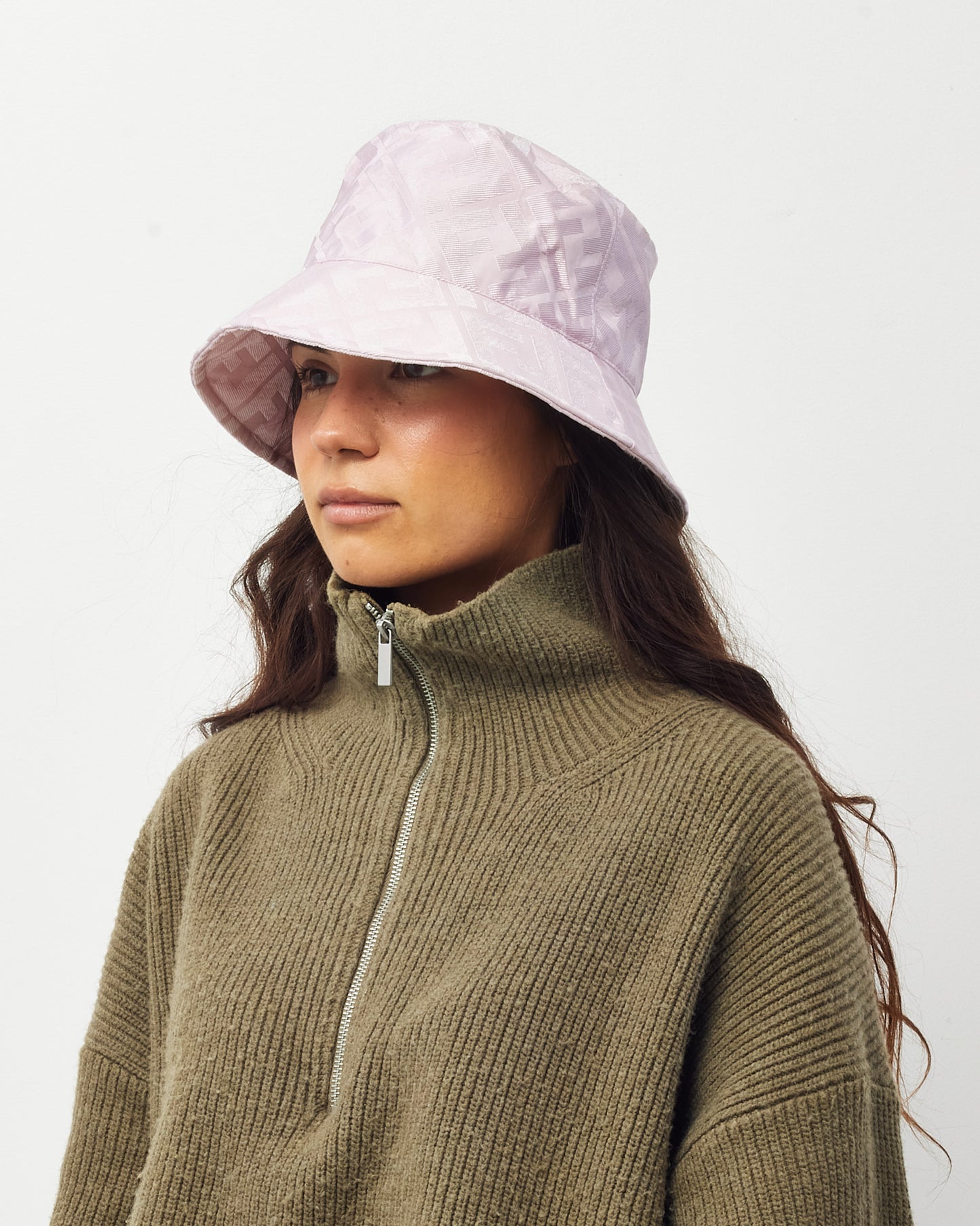 Fendi Pink FF Zucca Print Silk Bucket Hat - S