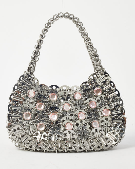 Paco Rabanne Silver Chain Mail Brass and Pink Crystal Stud 1969 Moon Small Shoulder Bag