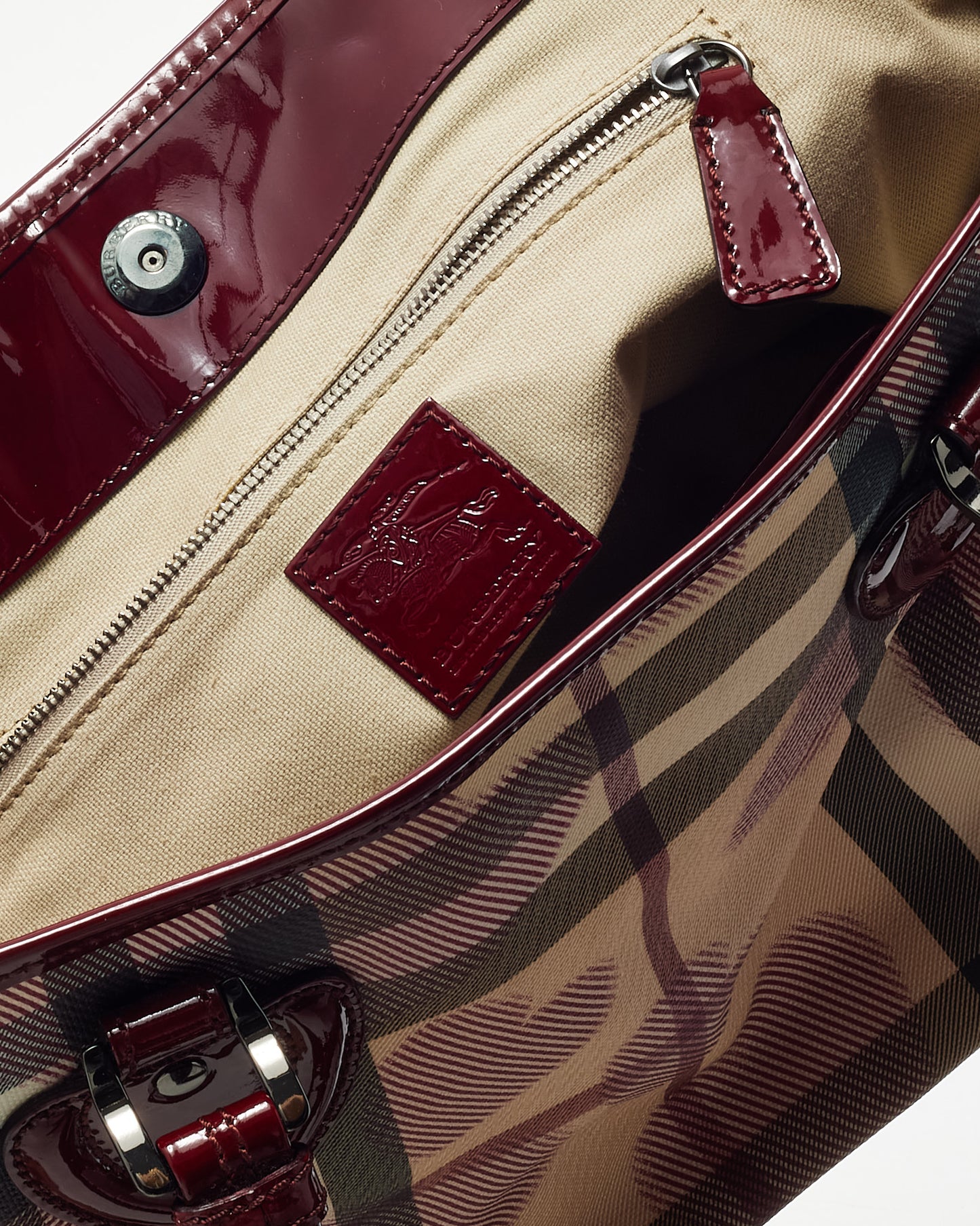 Burberry Red Patent Trim and Beige Nova Check Coated Canvas Heart Tote Bag