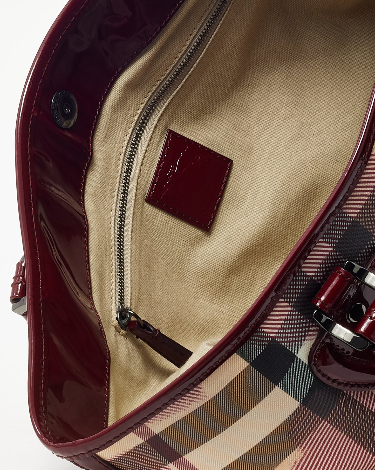 Burberry Red Patent Trim and Beige Nova Check Coated Canvas Heart Tote Bag