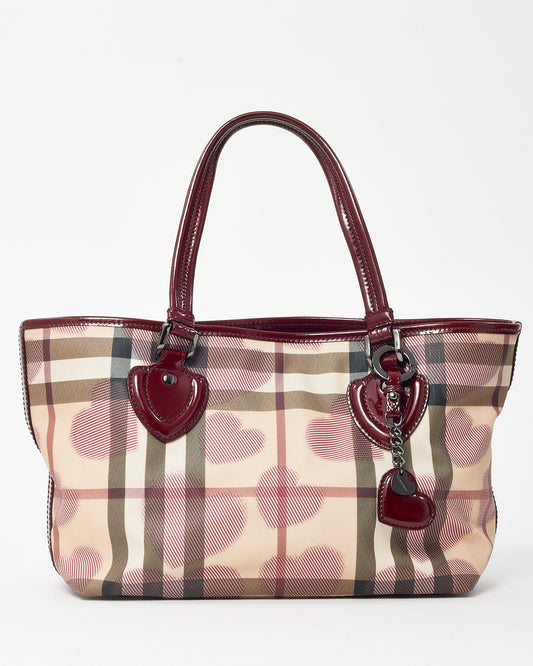 Burberry Red Patent Trim and Beige Nova Check Coated Canvas Heart Tote Bag