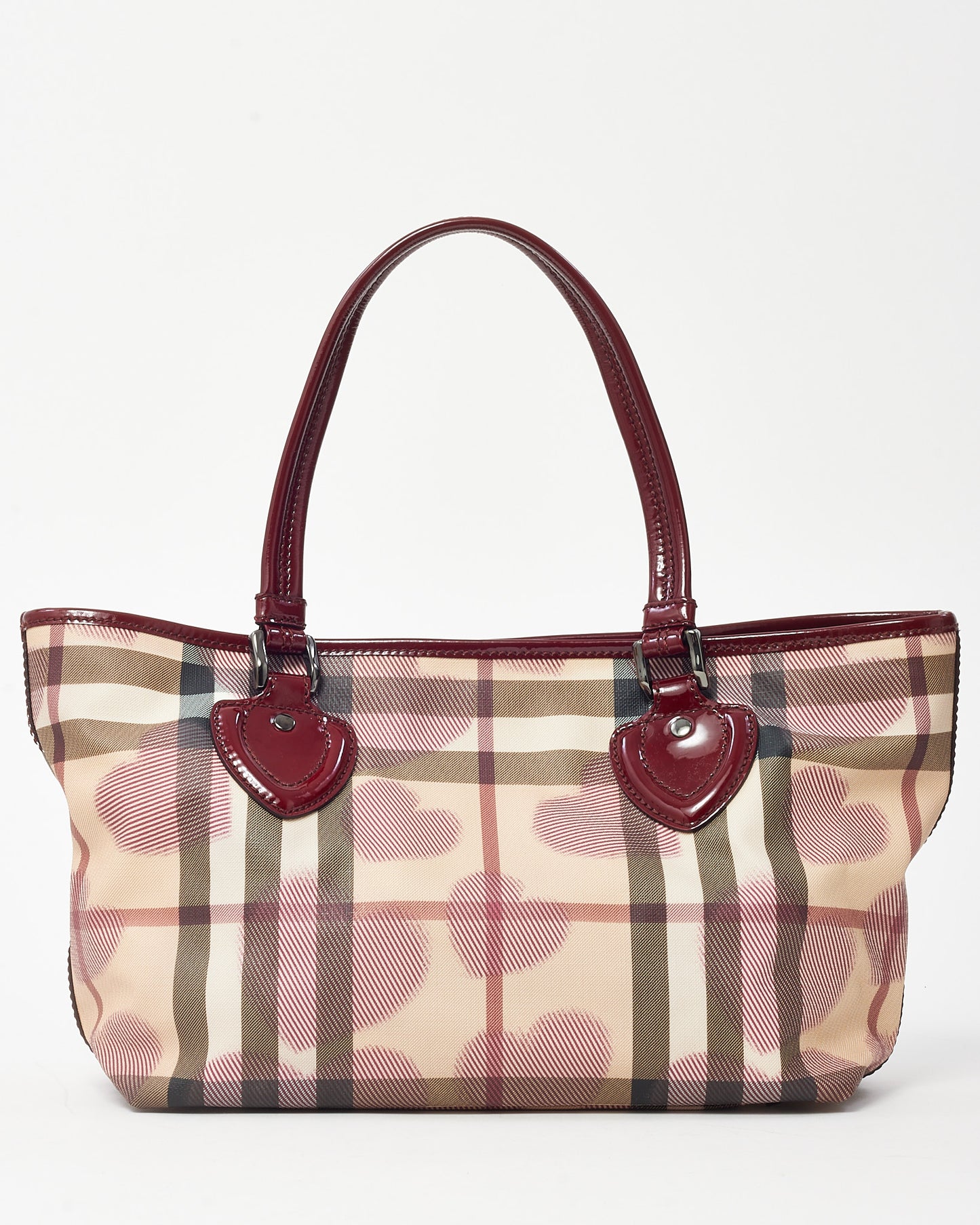 Burberry Red Patent Trim and Beige Nova Check Coated Canvas Heart Tote Bag