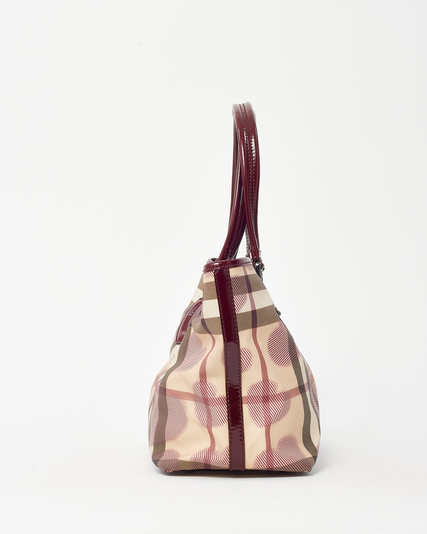 Burberry Red Patent Trim and Beige Nova Check Coated Canvas Heart Tote Bag