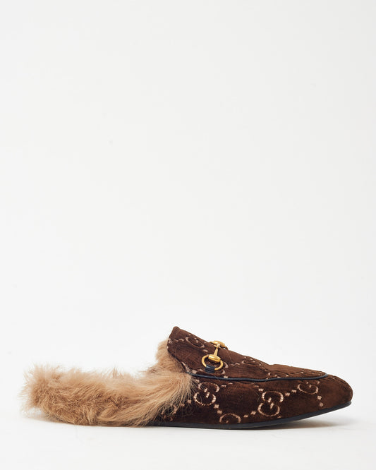 Gucci Brown GG Monogram Velvet Horsebit Fur Slip On Princetown Slippers - 40