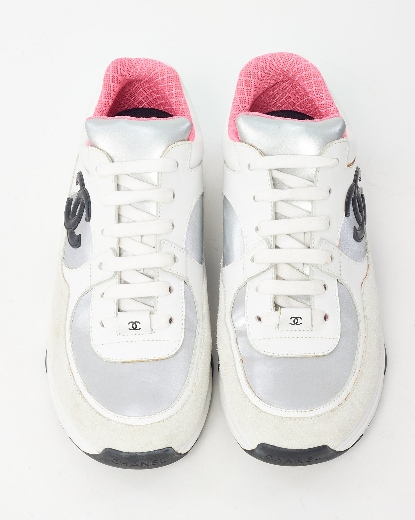 Chanel Grey/Silver/Black/White Pink Suede and Leather CC Logo Sneakers - 39