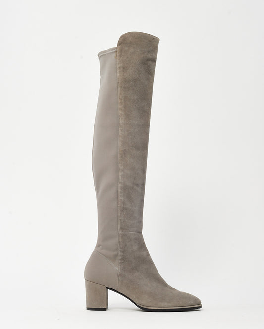Stuart Weitzman Grey Suede OTK Low Block Heel Boots - 9.5