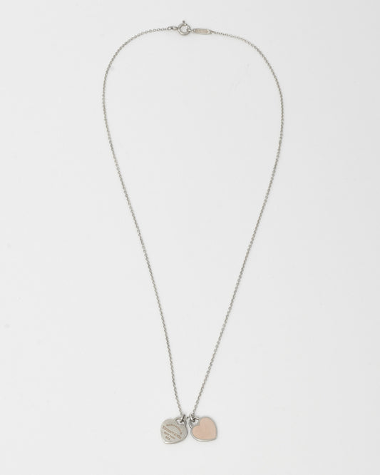 Tiffany & Co. Silver Mini Tiffany Beige Double Heart Tag Pendant Necklace
